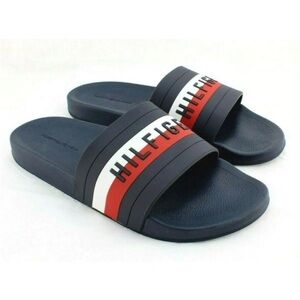 HILFIGER Dark Blue Sky Size 11 Red, White & Navy Blue Slide Men's Sandals.​​​​​